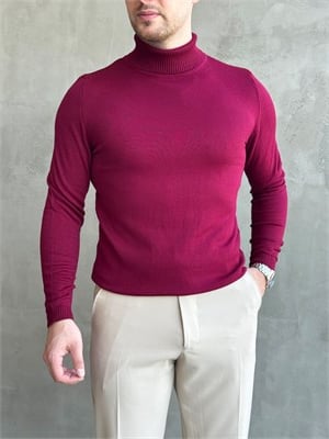 Erkek Yeni Sezon Slim Fit Kalıp Balıkçı Yaka Triko Kazak-Bordo(E1793)