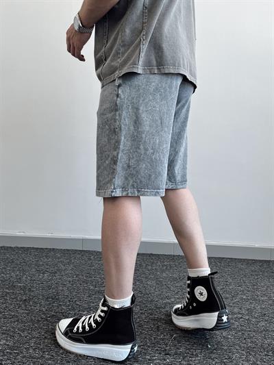 Erkek Yıkama Detay Regular Fit Örme Basic Şort-Gri(E1078)