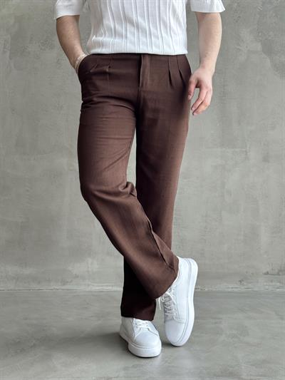Erkek Yüksek Kalite Beli Lastik Detaylı Pileli Baggy Kalıp Keten Pantolon-Kahverengi(E1617)