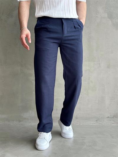 Erkek Yüksek Kalite Beli Lastik Detaylı Pileli Baggy Kalıp Keten Pantolon-Lacivert(E1617)