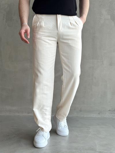 Erkek Yüksek Kalite Beli Lastik Detaylı Pileli Baggy Kalıp Keten Pantolon-Bej(E1617)