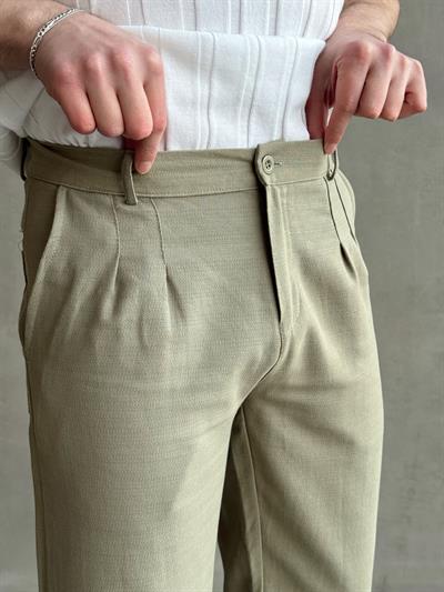 Erkek Yüksek Kalite Beli Lastik Detaylı Pileli Baggy Kalıp Keten Pantolon-Haki(E1617)