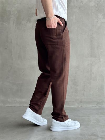 Erkek Yüksek Kalite Beli Lastik Detaylı Pileli Baggy Kalıp Keten Pantolon-Kahverengi(E1617)