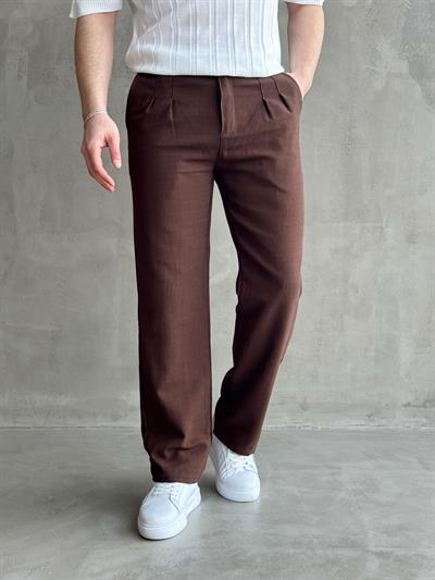 Erkek Yüksek Kalite Beli Lastik Detaylı Pileli Baggy Kalıp Keten Pantolon-Kahverengi(E1617)