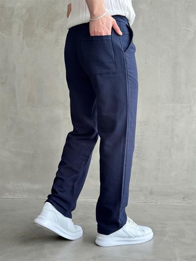 Erkek Yüksek Kalite Beli Lastik Detaylı Pileli Baggy Kalıp Keten Pantolon-Lacivert(E1617)