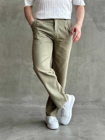 Erkek Yüksek Kalite Beli Lastik Detaylı Pileli Baggy Kalıp Keten Pantolon-Haki(E1617)