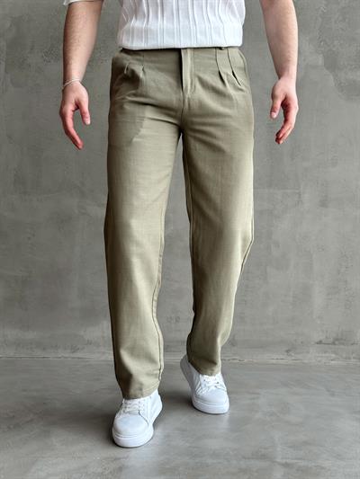 Erkek Yüksek Kalite Beli Lastik Detaylı Pileli Baggy Kalıp Keten Pantolon-Haki(E1617)