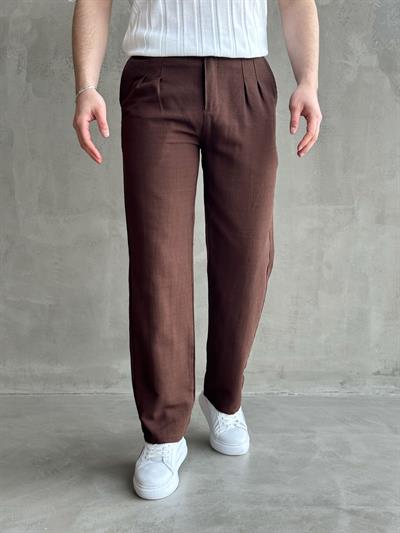 Erkek Yüksek Kalite Beli Lastik Detaylı Pileli Baggy Kalıp Keten Pantolon-Kahverengi(E1617)