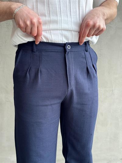 Erkek Yüksek Kalite Beli Lastik Detaylı Pileli Baggy Kalıp Keten Pantolon-Lacivert(E1617)