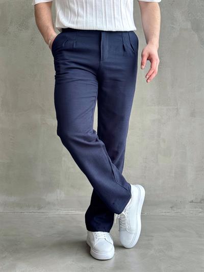 Erkek Yüksek Kalite Beli Lastik Detaylı Pileli Baggy Kalıp Keten Pantolon-Lacivert(E1617)