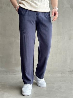 Erkek Yüksek Kalite Beli Lastik Düğme Detaylı Pileli Baggy Kalıp Modal Kumaş Pantolon-Lacivert(E1619)