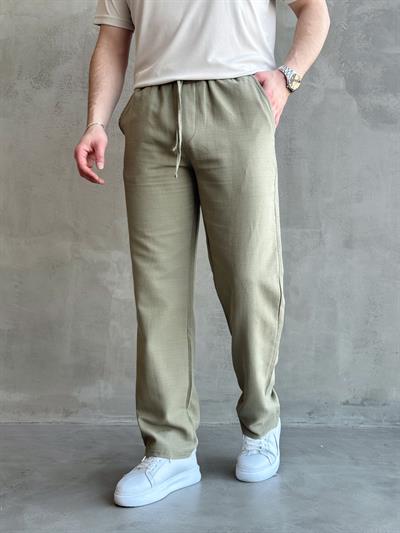 Erkek Yüksek Kalite Beli Lastikli Bağcık Detay Baggy Kalıp Keten Karışımlı Pantolon-Haki(E1621)