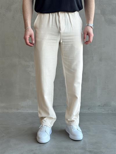 Erkek Yüksek Kalite Beli Lastikli Bağcık Detay Baggy Kalıp Keten Karışımlı Pantolon-Bej(E1621)