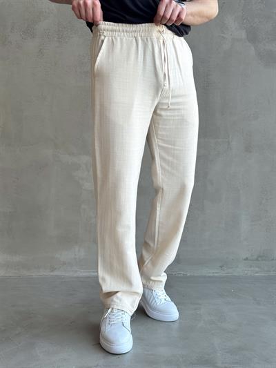 Erkek Yüksek Kalite Beli Lastikli Bağcık Detay Baggy Kalıp Keten Karışımlı Pantolon-Bej(E1621)