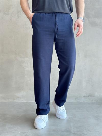 Erkek Yüksek Kalite Beli Lastikli Bağcık Detay Baggy Kalıp Keten Karışımlı Pantolon-Lacivert(E1621)