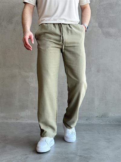 Erkek Yüksek Kalite Beli Lastikli Bağcık Detay Baggy Kalıp Keten Karışımlı Pantolon-Haki(E1621)