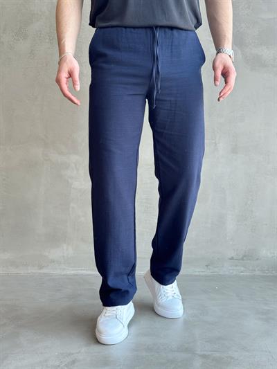 Erkek Yüksek Kalite Beli Lastikli Bağcık Detay Baggy Kalıp Keten Karışımlı Pantolon-Lacivert(E1621)