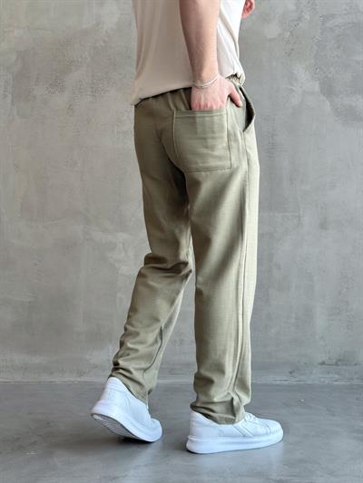Erkek Yüksek Kalite Beli Lastikli Bağcık Detay Baggy Kalıp Keten Karışımlı Pantolon-Haki(E1621)