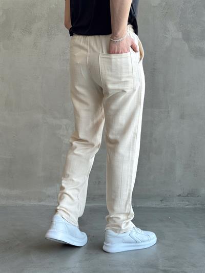 Erkek Yüksek Kalite Beli Lastikli Bağcık Detay Baggy Kalıp Keten Karışımlı Pantolon-Bej(E1621)