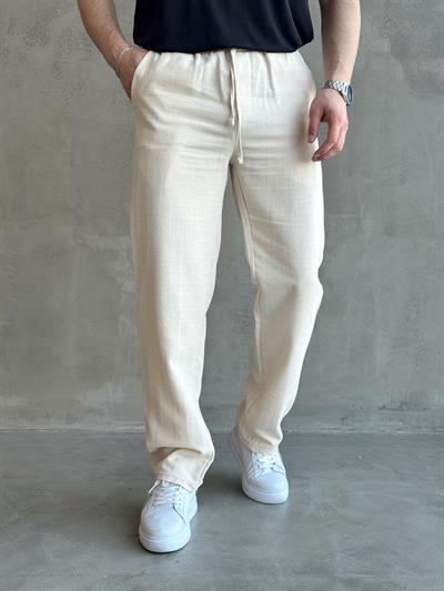Erkek Yüksek Kalite Beli Lastikli Bağcık Detay Baggy Kalıp Keten Karışımlı Pantolon-Bej(E1621)
