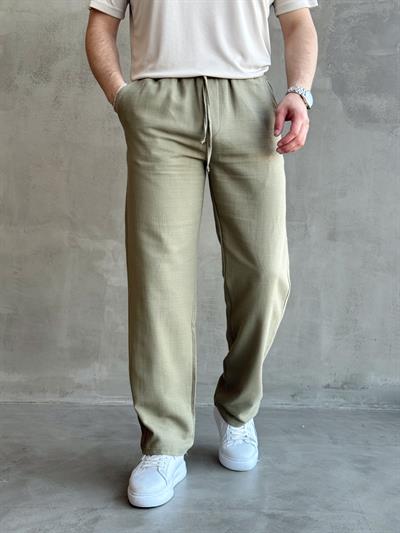Erkek Yüksek Kalite Beli Lastikli Bağcık Detay Baggy Kalıp Keten Karışımlı Pantolon-Haki(E1621)