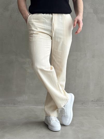 Erkek Yüksek Kalite Beli Lastikli Baggy Kalıp Halat Desenli Keten Pantolon-Bej(E1623)