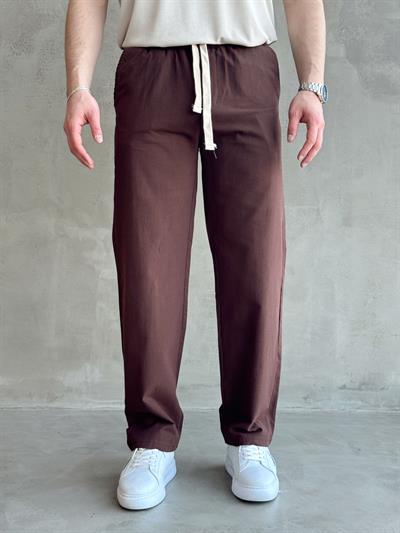 Erkek Yüksek Kalite Beli Lastikli Baggy Kalıp Keten Karışımlı Pantolon-Kahverengi(E1618)