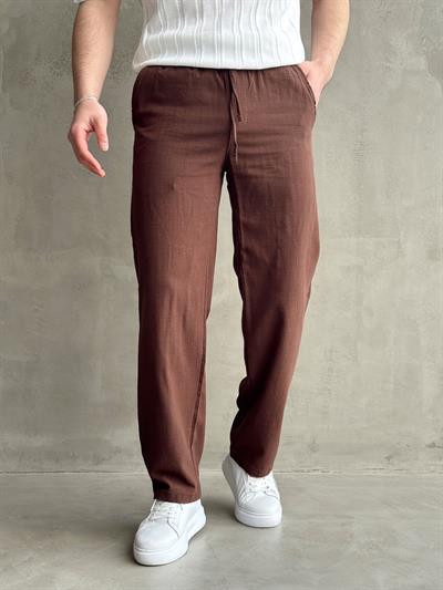 Erkek Yüksek Kalite Beli Lastikli Baggy Kalıp Flamlı Keten Pantolon-Kahverengi(E1616)
