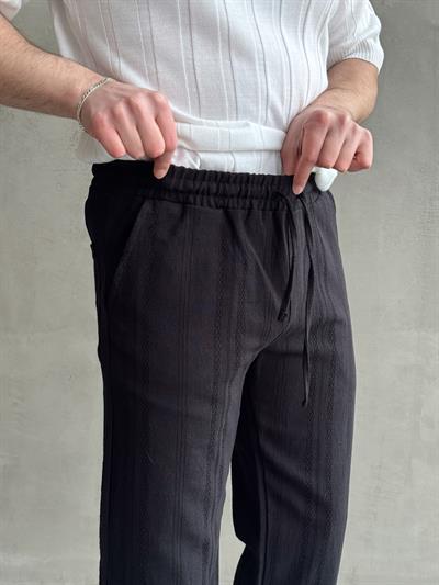 Erkek Yüksek Kalite Beli Lastikli Baggy Kalıp Halat Desenli Keten Pantolon-Siyah(E1623)