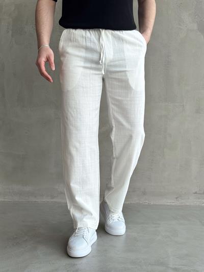 Erkek Yüksek Kalite Beli Lastikli Baggy Kalıp Flamlı Keten Pantolon-Beyaz(E1616)