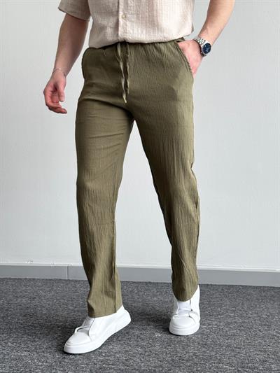 Erkek Yüksek Kalite Beli Lastikli Baggy Kalıp Pile Detaylı Krinkıl Kumaş Pantolon-Haki(E1329)