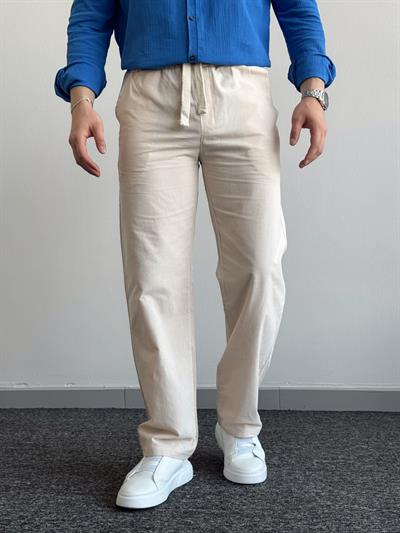 Erkek Yüksek Kalite Beli Lastikli Baggy Kalıp Keten Pantolon-Bej(E1334)