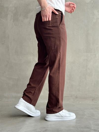 Erkek Yüksek Kalite Beli Lastikli Baggy Kalıp Flamlı Keten Pantolon-Kahverengi(E1616)