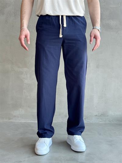 Erkek Yüksek Kalite Beli Lastikli Baggy Kalıp Keten Karışımlı Pantolon-Lacivert(E1618)