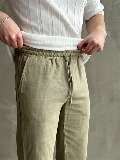 Erkek Yüksek Kalite Beli Lastikli Baggy Kalıp Flamlı Keten Pantolon-Haki(E1616)