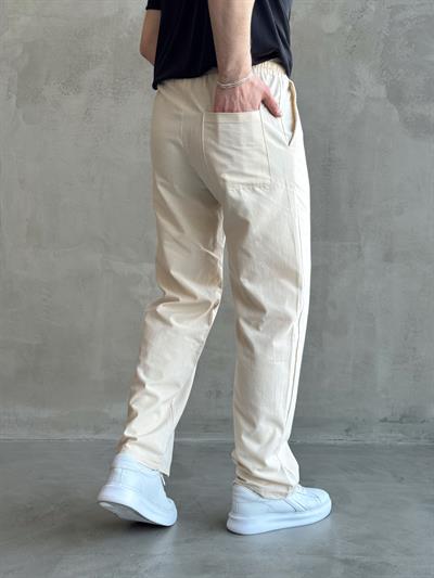 Erkek Yüksek Kalite Beli Lastikli Baggy Kalıp Keten Karışımlı Pantolon-Bej(E1618)