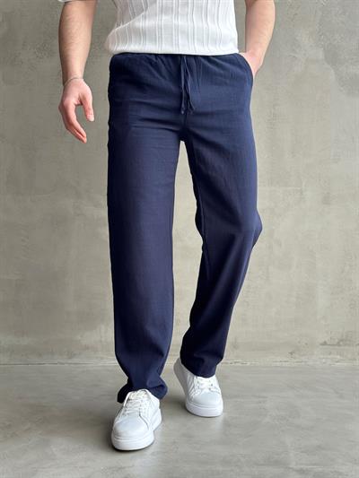 Erkek Yüksek Kalite Beli Lastikli Baggy Kalıp Flamlı Keten Pantolon-Lacivert(E1616)