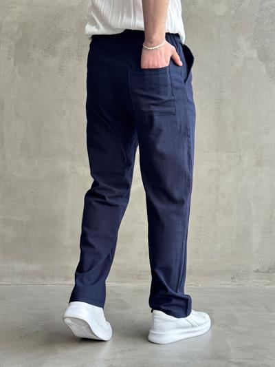 Erkek Yüksek Kalite Beli Lastikli Baggy Kalıp Flamlı Keten Pantolon-Lacivert(E1616)