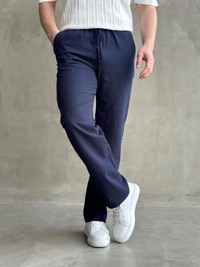 Erkek Yüksek Kalite Beli Lastikli Baggy Kalıp Flamlı Keten Pantolon-Lacivert(E1616)