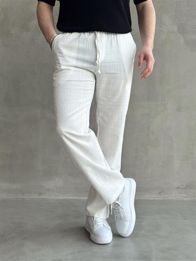 Erkek Yüksek Kalite Beli Lastikli Baggy Kalıp Flamlı Keten Pantolon-Beyaz(E1616)