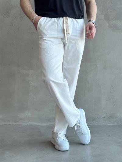 Erkek Yüksek Kalite Beli Lastikli Baggy Kalıp Keten Karışımlı Pantolon-Beyaz(E1618)