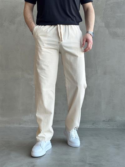 Erkek Yüksek Kalite Beli Lastikli Baggy Kalıp Keten Karışımlı Pantolon-Bej(E1618)