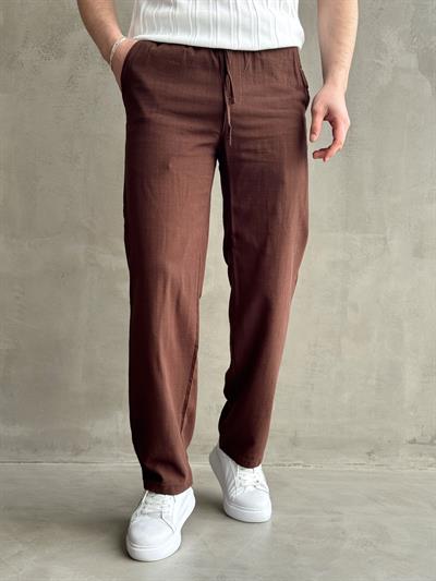 Erkek Yüksek Kalite Beli Lastikli Baggy Kalıp Flamlı Keten Pantolon-Kahverengi(E1616)