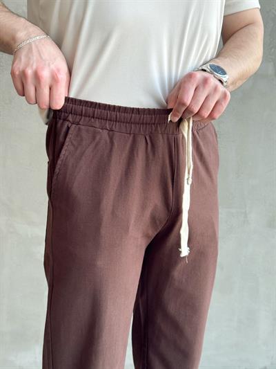 Erkek Yüksek Kalite Beli Lastikli Baggy Kalıp Keten Karışımlı Pantolon-Kahverengi(E1618)