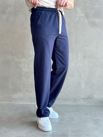 Erkek Yüksek Kalite Beli Lastikli Baggy Kalıp Keten Karışımlı Pantolon-Lacivert(E1618)
