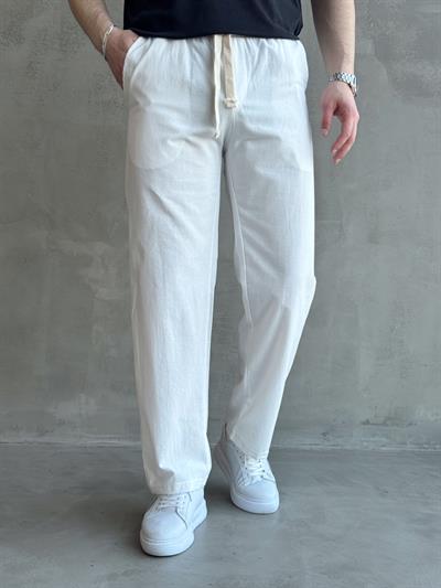 Erkek Yüksek Kalite Beli Lastikli Baggy Kalıp Keten Karışımlı Pantolon-Beyaz(E1618)
