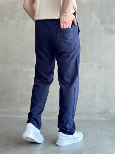 Erkek Yüksek Kalite Beli Lastikli Baggy Kalıp Keten Karışımlı Pantolon-Lacivert(E1618)