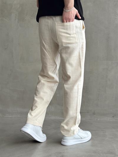 Erkek Yüksek Kalite Beli Lastikli Baggy Kalıp Flamlı Keten Pantolon-Bej(E1616)