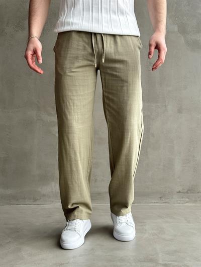 Erkek Yüksek Kalite Beli Lastikli Baggy Kalıp Flamlı Keten Pantolon-Haki(E1616)