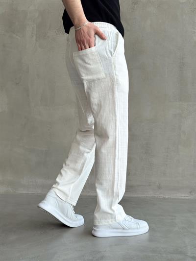 Erkek Yüksek Kalite Beli Lastikli Baggy Kalıp Flamlı Keten Pantolon-Beyaz(E1616)